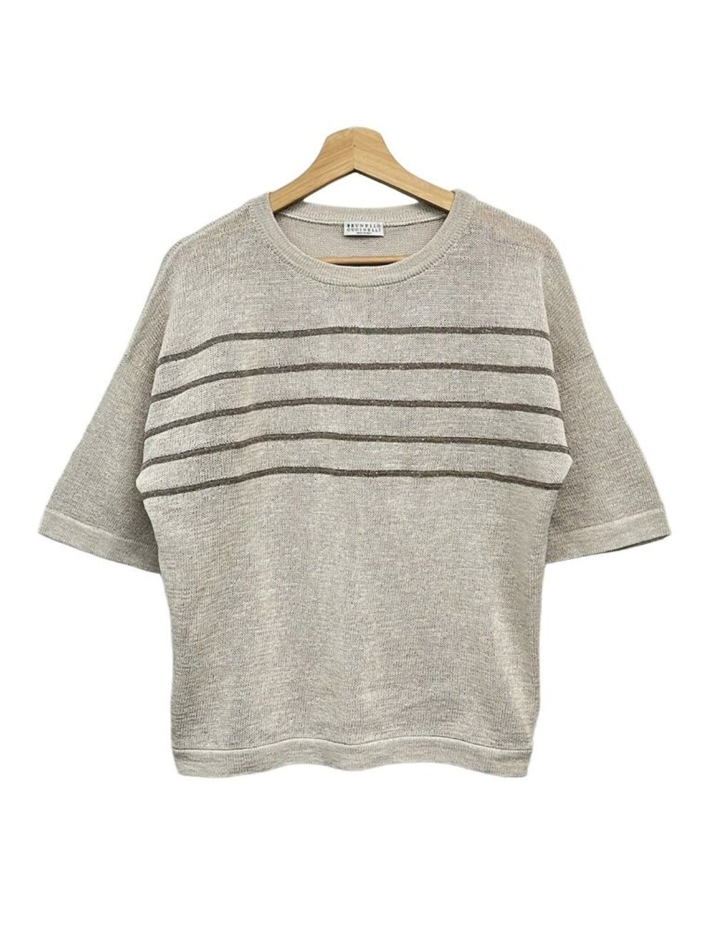 Brunello Cucinelli Short Sleeve Sweater M Beige Crew Neck Knit Ball Chain